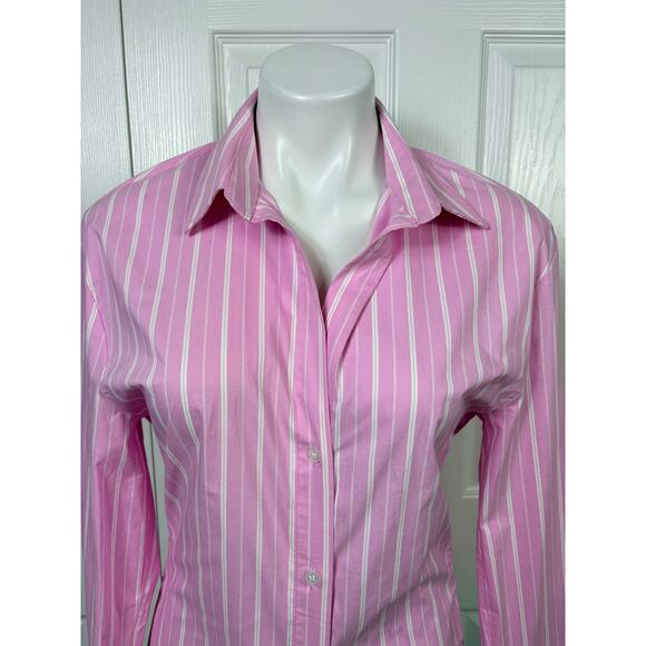 Zara Pink White Striped Collared Slim Fit Poplin Button Down Womens Shirt Size M - Picture 4 of 10